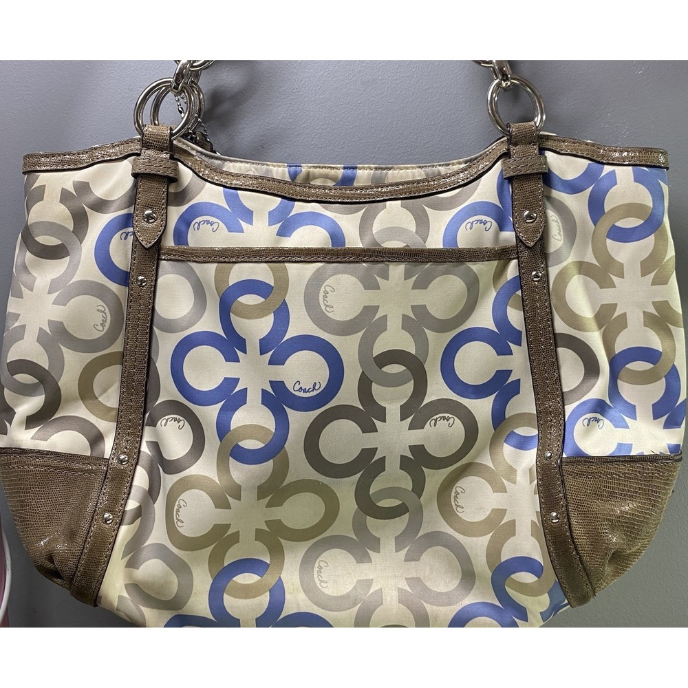 COACH ALEXANDRA CHAIN LINK CLOVER SIGNATURE C SHOULDER BAG- Tan&blue Needs Clean - Picture 2 of 16